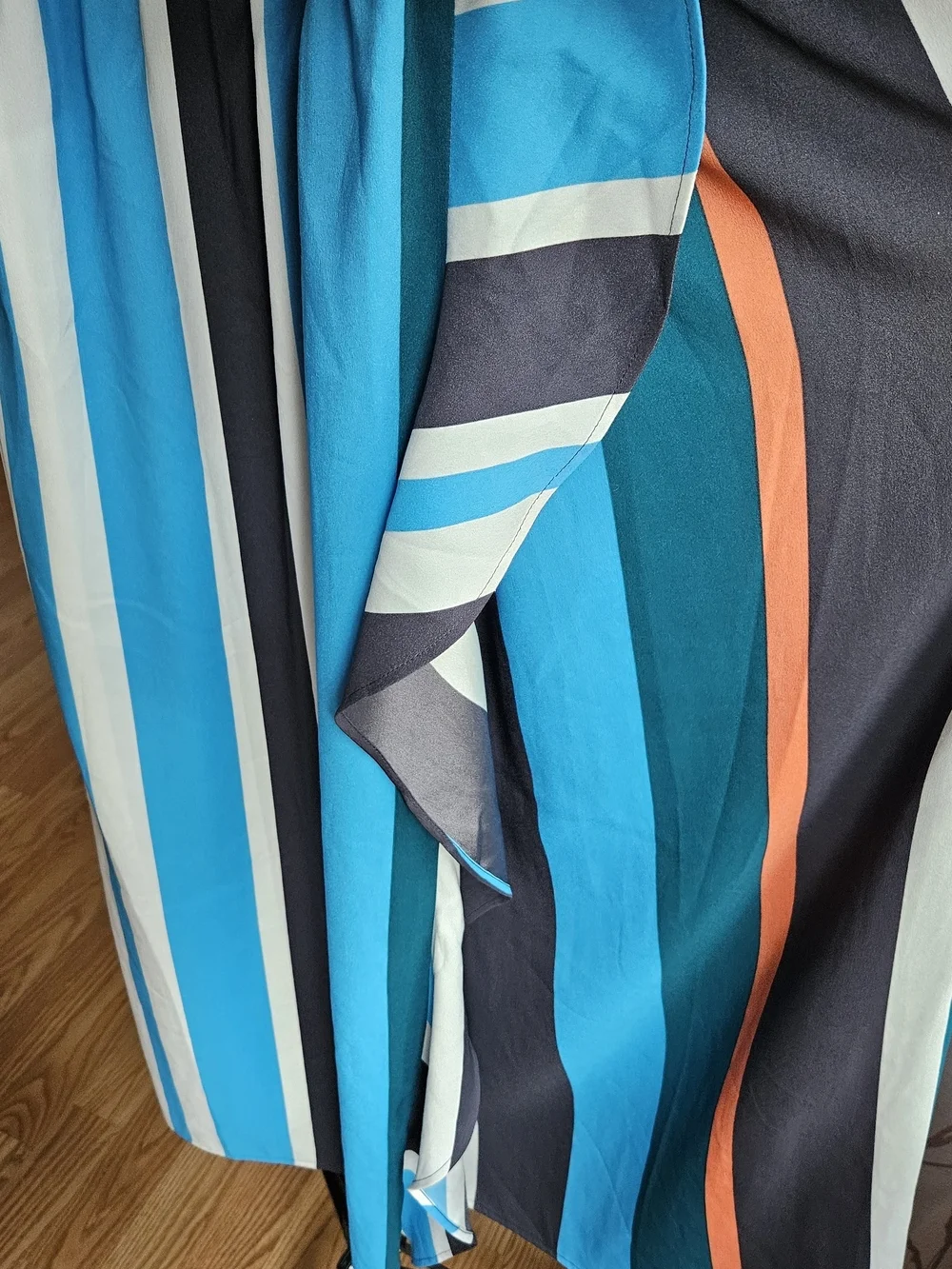 ​ANN TAYLOR LOFT Striped Faux Wrap Maxi Dress Small Blue Teal Orange Ruffle - Picture 6 of 16